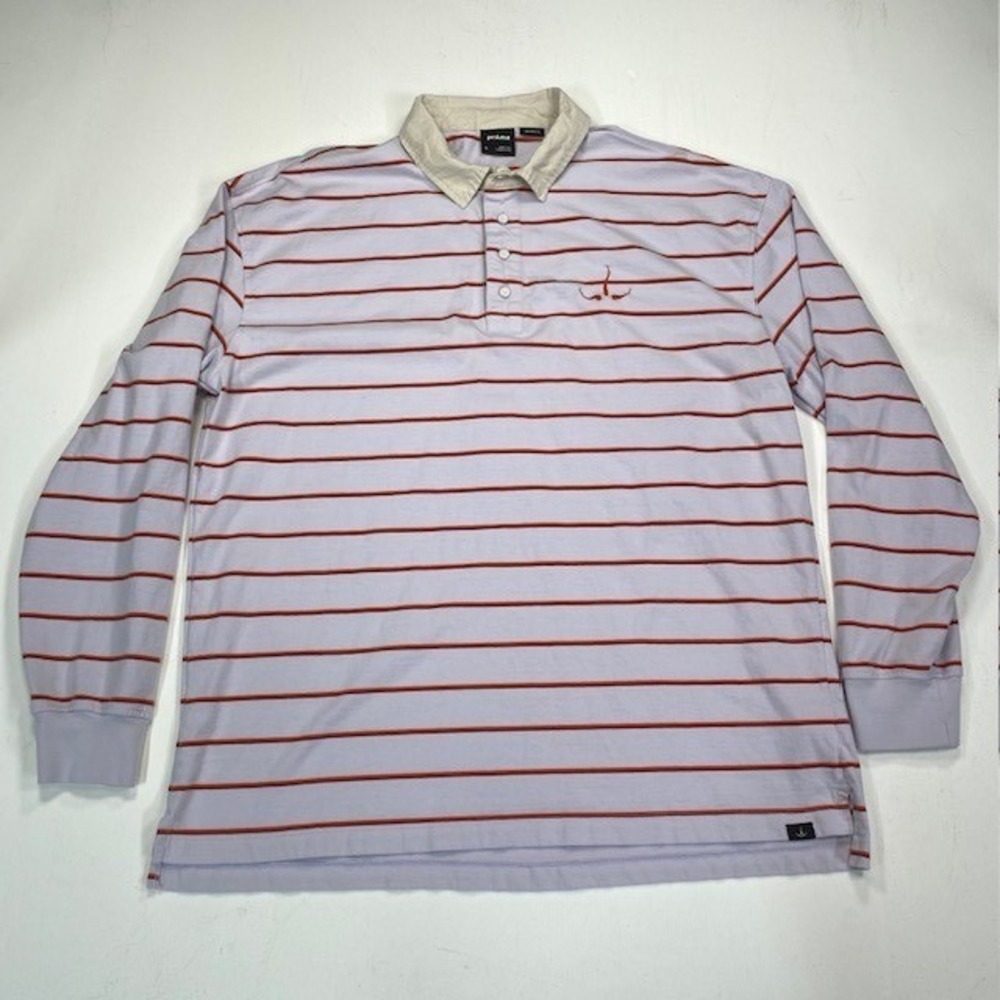 Prana Mens XL Relaxed Fit Long Sleeve Rugby Polo Shirt Striped Lavender Red